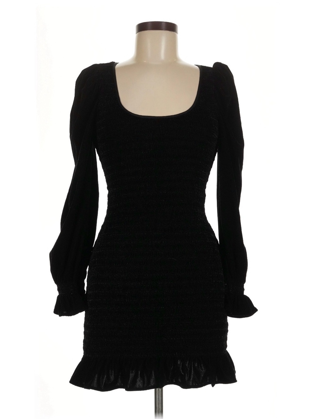 LoveShackFancy Black Smocked Mini Dress with Puff Sleeves and Ruffle Hem
